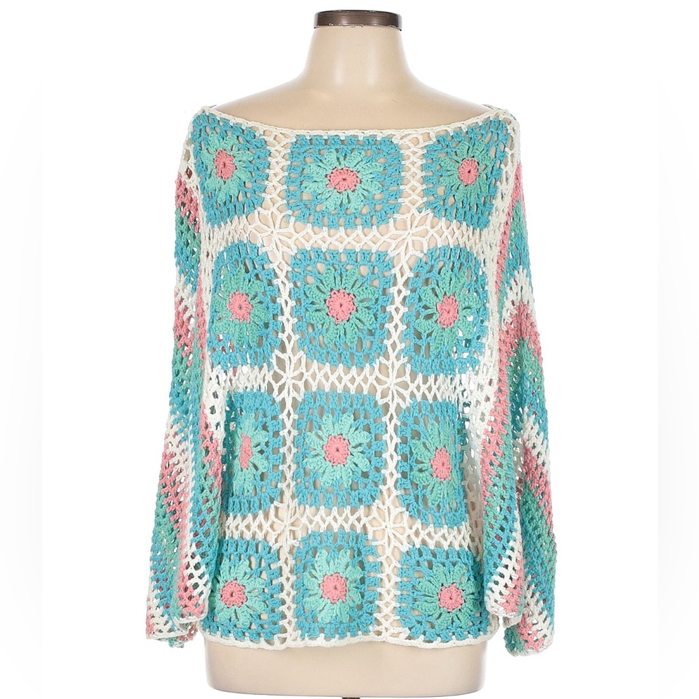 POL Granny Square Multicolor Crochet Open Knit Sweater Size Large Cottagecore